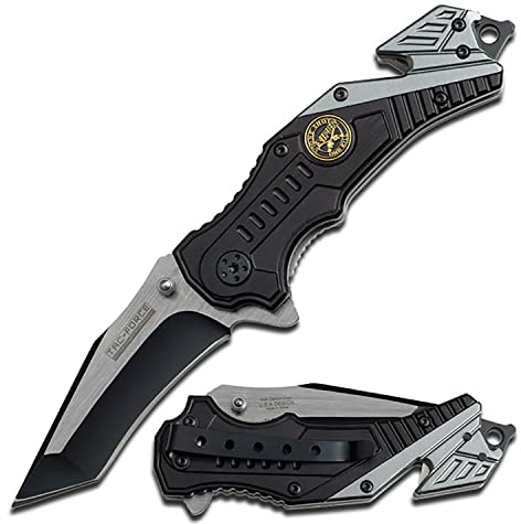 Tac-Force Folding Pocket Knife – Black/Satin Finish Blade, Black/Grey Aluminum Handle w/Sniper Medallion, Rope Cutter, Glass Punch, and Pocket Clip, Tactical, EDC, Rescue - TF-640SN