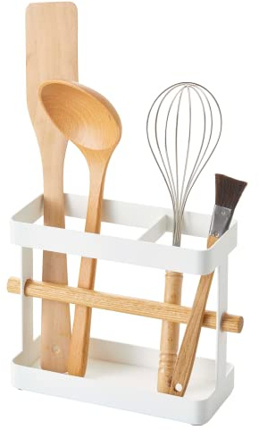 YAMAZAKI 3154 TOSCA Utensilienhalter, weiß, Stahl / Holz, minimalistisch, 7,5 x 20 x 14,5 cm (L x B x H)
