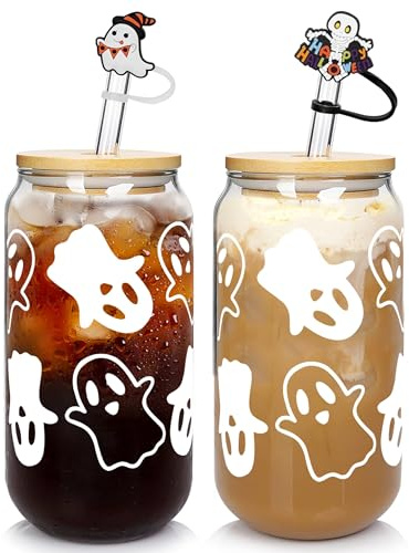 ANOTION Halloween Cups - 20oz/568ml Beer Can Glasses with Lid & Straw, Tumbler Coffee Cups, Decor & Cookie Jar Glassware, Water Bottles