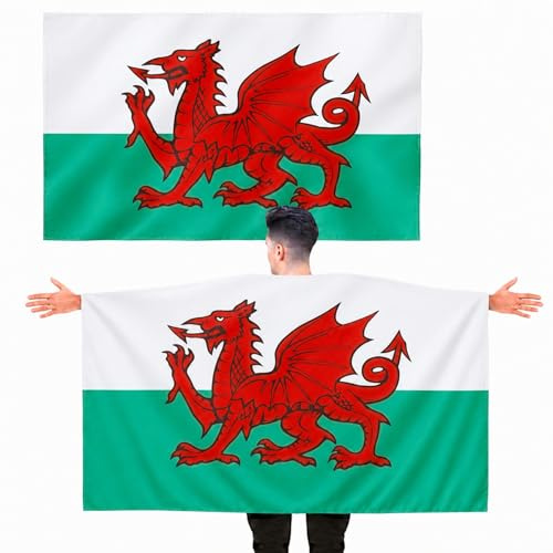 Wales Dragon Cymru Flag 5ft x 3ft with Sleeve – Large Polyester Welsh Flag Banner for Football Matches, Rugby Supporters, St David’s Day and Indoor Outdoor Home & Garden Display