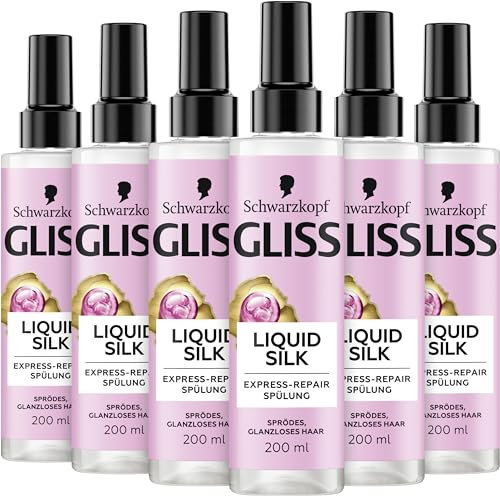 Gliss Express-Repair-Spülung Liquid Silk (6 x 200 ml), Haarspülung für außergewöhnlich weiches Haar, Pflegespülung mit Hitzeschutz bis zu 230 °C