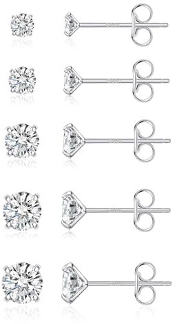 PRETOLE Sterling Silver Stud Earrings, Sterling Silver Earrings 925 Silver Diamond Stud Earrings Hypoallergenic White Gold Plated Studs Earring Set for Women 3/4/5/6/7mm