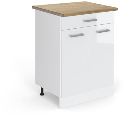 Vicco Küchenunterschrank R-Line, Weiß Hochglanz, 60 cm | 1 Schublade · AP Eiche inkl. · Höhenverstellbare Füße · 2 Türen · ✓ Leichter Zugriff