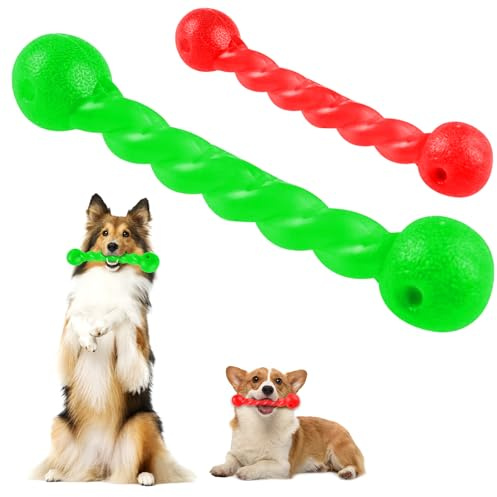 Qianyou Hundleksak för tänder, gummi spiral tuggben giftfri oförstörbar hund molar stav valpar intelligensleksak mjuk bitmotstånd hundtandborste husdjur munvård, 2 st grön och röd