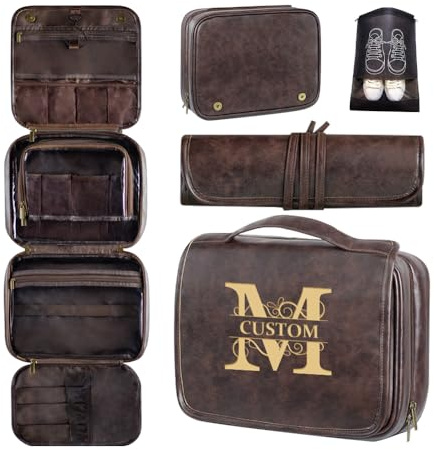 Benutzerdefinierte 3-in-1-PU-Leder-Toilettenbeutel für Männer personalisierte Reise hängende Kulturtasche Reiseveranstalter wasserdicht Kosmetiktasche (Dunkelbraun)
