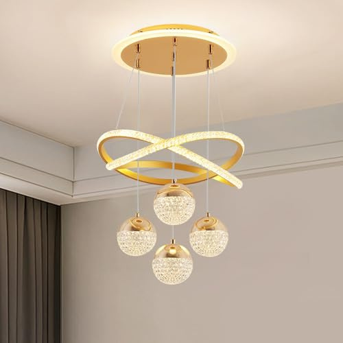 LED Pendelleuchte Gold dimmbare mit Fernbedienung 3000k-6500k Moderne 4 Plastik Ball mit Kristalleffekt Hängelampe 54W Esszimmerlampe hängend höhenverstellbar Esstischlampe für Wohnzimmer Schlafzimmer