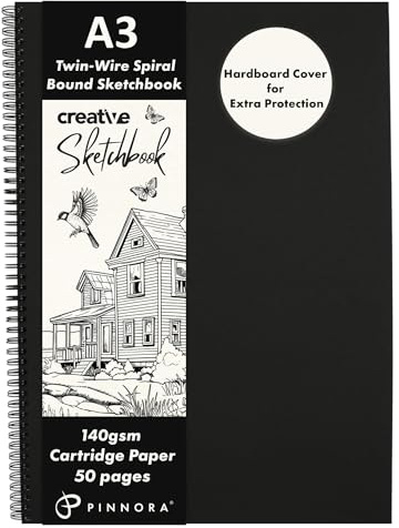 PINNORA Creative Skizzenbuch A3 (140 g/m²) – schwarzes Hardcover-Skizzenbuch mit dickem Zeichenpapier, Doppeldraht, Spiralbindung, A3-Zeichenblock zum Skizzieren, Kunstbuch für alle Altersgruppen (50
