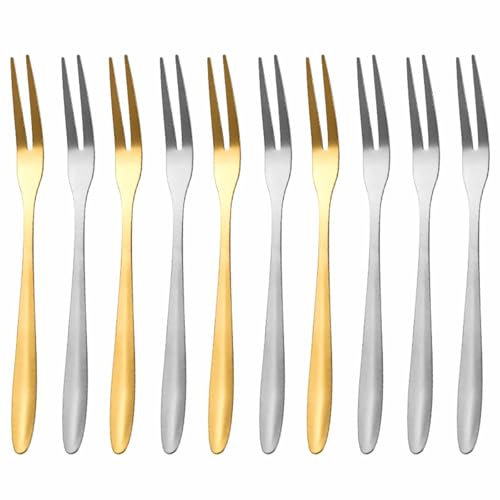 10pcs Mini Cutlery Set, Including Dessert & Fruit Forks, Olive Picks, Appetizer Forks, and Shellfish Tasting Tools, for Home Kitchen and Party, Silver and Gold