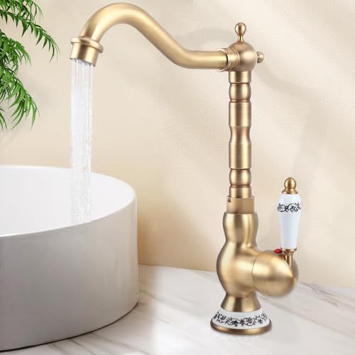 Robinet Mitigeur de Cuisine et Salle de Bains en Cuivre Antique, Robinet Salle Bain en Laiton Bronzé,Haut Mitigeur Lavabo bec Pivotant à 360°,Robinetde Lavabo Rétro,Poignée en Céramique,Style Rétro