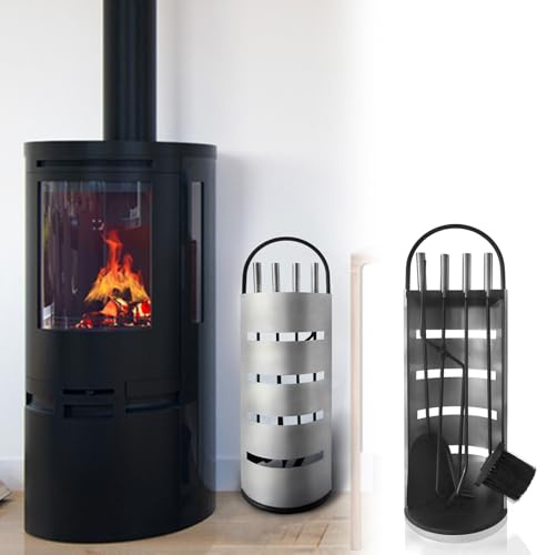 LILIIN Edelstahl Kaminbesteck Modern Kamin Zubehör Set 5-teilig Kamingarnitur inkl. Besen, Schaufel, Schürhaken, Zange und Ständer mit Sichtschutz, Silber