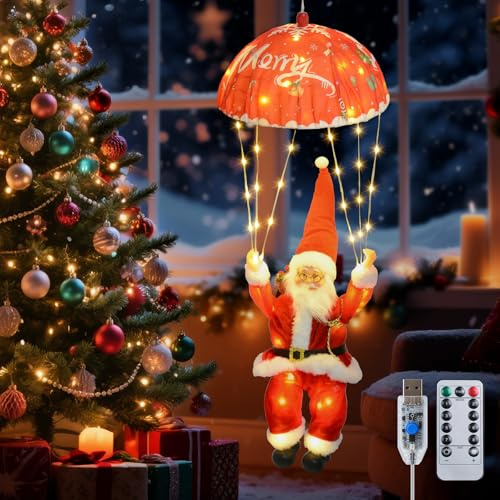 Qoosea Ghirlanda Luminosa Natale 88 LED USB con Telecomando e Timer Babbi Natale Paracadutisti 8 Modalità per Albero di Natale Finestre Giardino Decorazione Interna ed Esterna