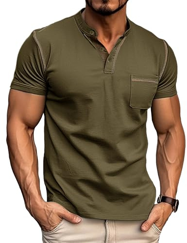 PRIVIMIX Henley T Shirt Herren Kurzarm Baumwolle Poloshirt mit Knopfleiste und Brusttasche Arbeit/Sport M-3XL