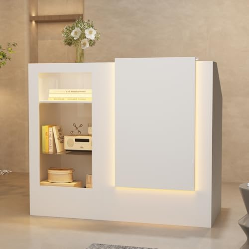 HEMBRY Umsatzplus durch Eck-Design L-Form Empfangstheke mit Glasvitrine & LED, Platzsparender Rezeptionstresen für Nagelstudios & Kosmetiksalons, Weiß