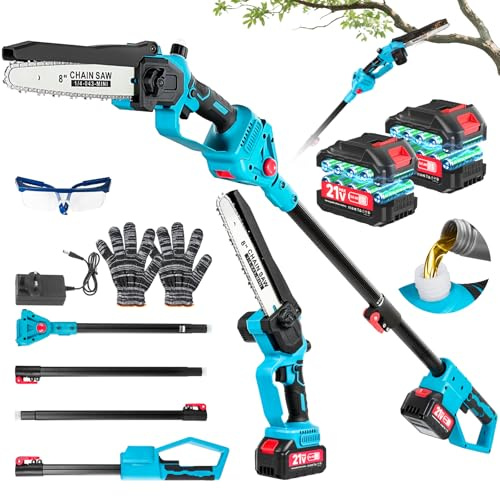 2-in-1 Akku Hochentaster&8 Zoll Mini Kettensäge, Bürstenlose Kettensäge mit 2m Teleskopstange,3 einstellbare Längen, 2×4,0Ah Akkus, 180° drehbarer Sägekopf Elektro Astsäge für Gartenpflege Baumschnitt