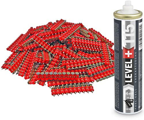 Juego de 1000 clavos de hormigón de 15 mm / diámetro de 2,6 mm para clavadora de gas + 1 cartucho de gas para todo el año de 115 mm / 32 mm de diámetro, cartucho de gas Fuel Cell, HB42_RM115