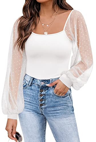 DOROSE Women's Sheer Mesh Long Sleeve Tops Blouse White XL