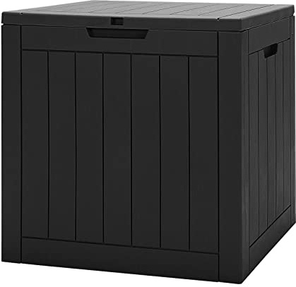 TANGZON Lockable Garden Storage Box, Large Waterproof Deck Box with Sit On Lid & Handle, Indoor Outdoor Storage Bin Organizer for Cushions Tools Toys (Wood Grain Pattern,56 x 43 x 53cm,Black)