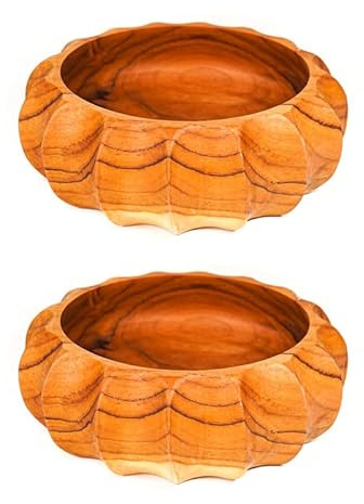 Rainforest Bowls Set of 2 7 Large Fluted Javanese Teak Wood Bowls- Perfect for Everyday Use, Hot & Cold Friendly, Ultra-Durable- Exclusive Luxury Wooden Bowl Design Handcrafted by Indonesian Artisans