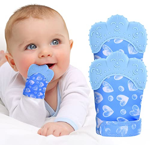 Vicloon Moufle de Dentition en Silicone Alimentaire,Jouet de Dentition pour Bébé sans BPA Aide à Prévenir Douleur de Dents et de Gencives de Bébé,pour Garçons et Filles (Bleu Coeur)