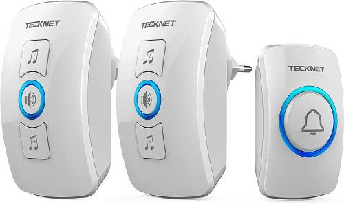 TECKNET Funkklingel, IP65 wasserdichte außere Funkklingel mit 400 m Reichweite, Funk-Türklingel-Set, 60 Melodien, 5 Lautstärkestufen, Funkklingel mit LED-Blitz, 2 Empfänger und 1 Sender, Weiß