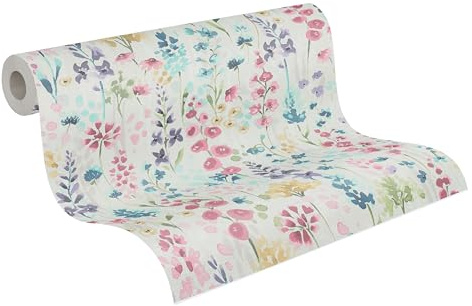 A.S. Création Blumentapete in Bunt, Weiß, Pink, Violett, Grün - hochwertige Vliestapete floral 396061 - Designtapete gemalt auf 10,05m x 0,53m - Made in Germany