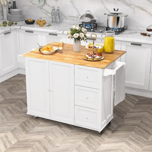 RELAX4LIFE Isola Cucina con Ruote Scorrevoli con Freni a Pedali, in Legno Verniciato con Armadietto e Cassetti Capienti,136 x 76 x 91 cm (BIANCO)
