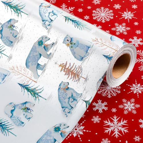 Wikadlik Folie Weihnachtsgeschenkpapier – 43 cm x 10 m luxuriöses metallisches silbernes Geschenkpapier – elegantes Eisbär/Baum/Schneeflocken-Design