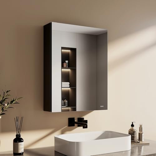 EMKE Spiegelschrank mit Innenspiegel, schwarzer Badezimmerspiegelschrank, Aluminium-Spiegelschränke Bad 50 x 65 x 14,5 cm, Bad-Spiegelschrank mit höhenverstellbarer Glasablage