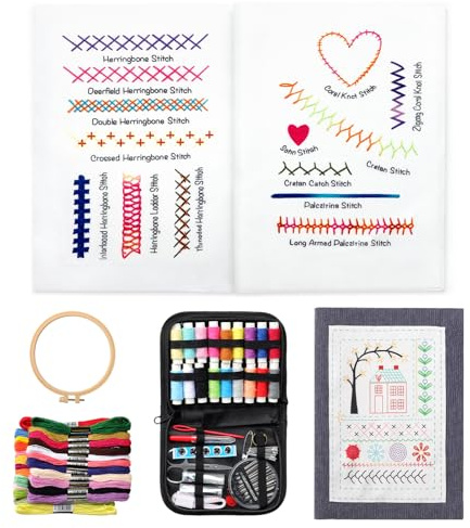 Komforbaa Kit de Bordado Mejorado para Principiantes, Libro de Punto de Cruz Sin Encuadernar con Patrones Esenciales, Aro de 16 cm, Hilo de 24 Colores, Herramientas Completas, Todo en Uno Portátil