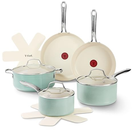 T-Fal Inspire Nonstick Ceramic Cookware Set, 10-Piece, Oven Safe to 500°F, Stockpot, Ceramic Pots and Pans Set, Frying Pans, Saucepans, Stockpot, Protectors, Mint Green