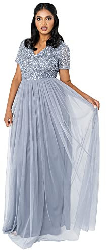 Maya Deluxe Abendkleid mit Pailletten Cocktailkleid Damen mit V-Ausschnitt Tüllkleid Blau Größe 42