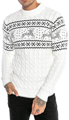 Suéter de Punto para Hombres Estilo Noruego Jersey Slim-Fit Plait Reindeer Blanco S
