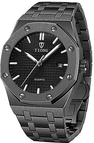 Tiong Herren Uhr Edelstahl Wasserdicht Metallarmband Analoger Quarzuhr Date Armbanduhr Männer Zeiger Leuchtende (Black)…