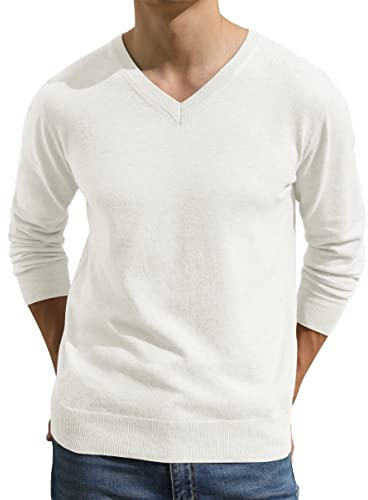 Hisir Men's V Neck Jumpers Tops Winter Lightweight Knitted Jumper Long Sleeve Soft Warm Knitwear Pullover Sweaters for Men (White, L)