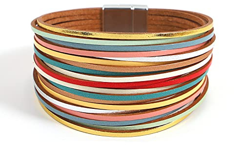 hotoo Leather Wrap Bracelet for Women Colorful Bohemian Friendship Stackable Layered Bracelets Boho Multi Strand Bracelets Jewelry with Clasp Sister and Mother