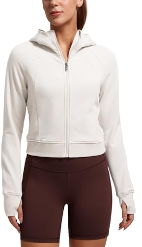 CRZ YOGA Womens Cropped Hoodie Full Zip Hoodie Jacket Sweatshirts athlétiques à Manches Longues avec Trous pour Le Pouce Blanc Laiteux 42