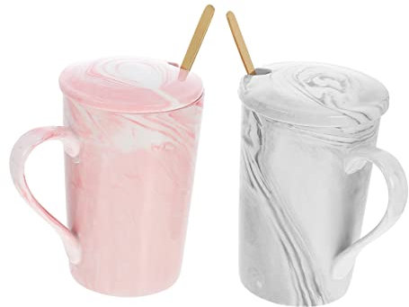 HEMOTON 2stücke Keramische Kaffeetassen Im Marmor-design Mit Deckel Und Löffel Stilvolle Teetassen Für Zuhause Geschenkidee Für Familie Und Freunde