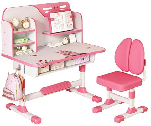 Calager Kinder-Schreibtisch- und Stuhl-Set, höhenverstellbarer Kinder-Schreibtischstuhl, Schüler-Schreibtischtisch mit Schublade, Bücherständer,Schüler-Lerntischstuhl für Mädchen und Jungen(Rosa D)