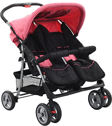 Willood Geschwisterwagen Tandem Kinderwagen Zwillingskinderwagen Rosa und Schwarz Stahl