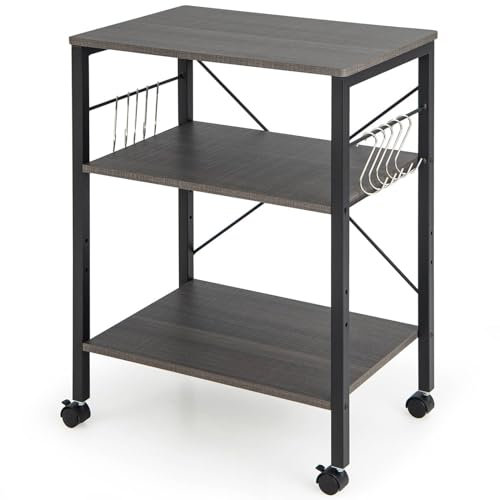 Rolling Kitchen Baker's Rack con ruote bloccabili e 10 ganci Carrello da portata a 3 livelli per microonde, organizer per casa, ufficio, soggiorno, ripiani regolabili, grigio