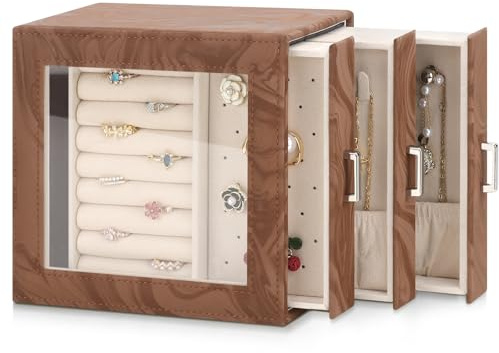 DesignSter Boîte à bijoux pour femme, Coffret à Bijoux en PU avec tiroirs latéraux, Rangement Bijoux pour boucles d'oreilles, colliers, bagues, bracelets, montres, Marron