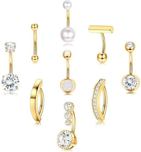 XFSRG 9 Piezas Piercings Ombligo para Mujeres 14G Piercing Ombligo Elegante y Brillante Acero Inoxidable Oro/Plata Embarazada 10mm (Dorado)