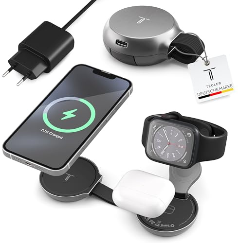 TEGLER MagSafe Ladegerät kompatibel, TechFlow Aluminium Design, Qi 2.2, 3-in-1 Ladestation Apple Watch und iPhone, MagSafe Ladestation kompatibel, iPhone Ladestation