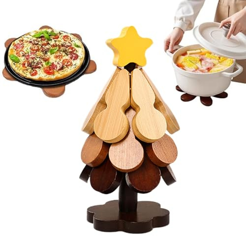 Set di sottopentola pieghevole in legno a forma di albero di Natale, sottobicchieri per bevande con supporto, per piatti caldi, pentole, ciotole, teiere, piatti natalizi