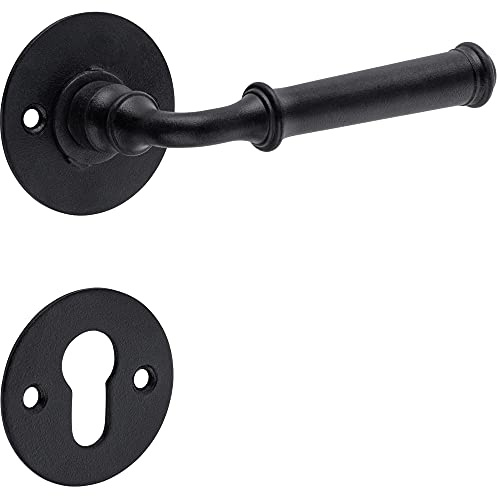 Gedotec Türklinke schwarz | MIRA | 1 Set Türbeschlag Türgriff | runde Rosette für Innentüren | PZ - Zylinder | Drücker-Paar aus Schmiedeeisen | Drückergarnitur inkl. Schrauben