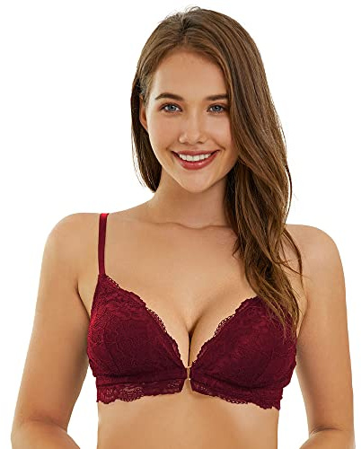 SHEKINI BH Damen Ohne Bügel Vorderverschluss BH Spitzen Bustier Tiefer Ausschnitt Abnehmbare Gepolstert BH Bequemer Bügelloser Bralette Top Sexy Unterwäsche Dessous
