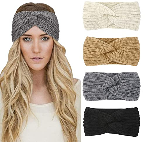 4 Packs Winter Headbands for Women's Hair Twist Knitted Ear Warmer Headband Soft Elastic Head Bands Hair Wrap Girls Workout Skiing Running
