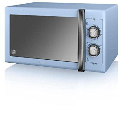 Swan SM22070LBLN Retro Manual Microwave with Glass Turntable, 6 Power Levels, Defrost Setting, 25L, 900W, Blue
