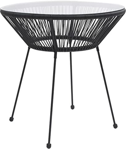 Makastle Garten Esstisch Witterungsbeständig Gartentisch Beistelltisch Balkontisch Terrassentisch Loungetisch Gartenmöbel, Schwarz Ø70x74 cm Rattan und Glas