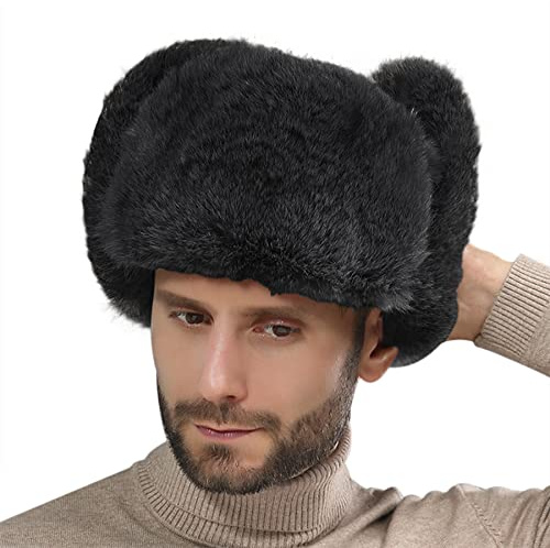 Berretto invernale spesso e caldo da uomo, in pelliccia sintetica ispessita, cappello da aviatore, in finta pelliccia di coniglio, senza bordo, morbido cappello da neve, Nero